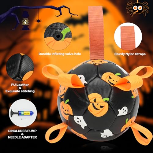 Image of Dog Toys Balls, Dog Soccer Ball with Straps, Dog Birthday Gifts, Durable Balls for Small Medium Pet, Puppy Outdoor Toy, Pet Training Soccer Ball, World Cup Soccer (7.25 Inch) (Ghost, Large)