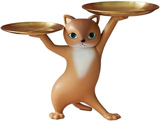 猫の卓上トレイ飾り 鍵置き 小物置き 皿を捧げる猫 玄関 収納 樹脂製品 口紅 財布の収納 猫 置物 インテリア かわいい 雑貨 (ブラウン)