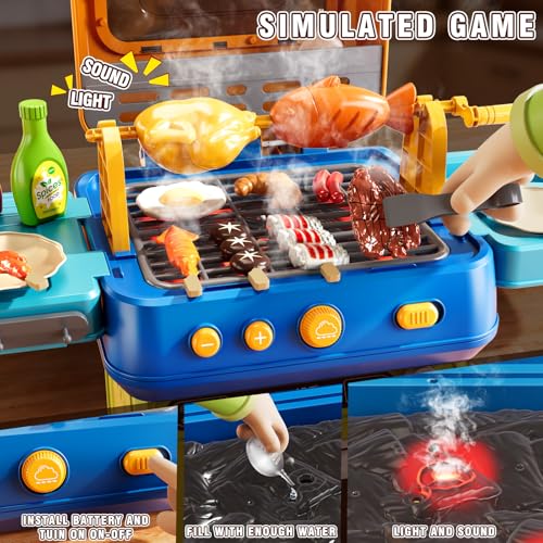 Image of Kids BBQ Grill Playset Toy, 2-Layer Play Kitchen Toddlers Toys with Oven and Smoke, Cooking Toys for Kids Ages 4-8, Light and Sound, Barbecue Outdoor Grill Play Gift Toy for Toddler Girls 3-5