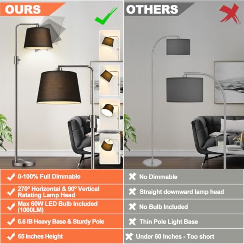 Image of Nintiue 【Upgraded】 Dimmable Floor Lamp, 1000 Lumens LED Edison Bulb Included, Brushed Nickel Arc Floor Lamps Modern Standing Lamp with Black Shade, Tall Lamps for Living Room Bedroom