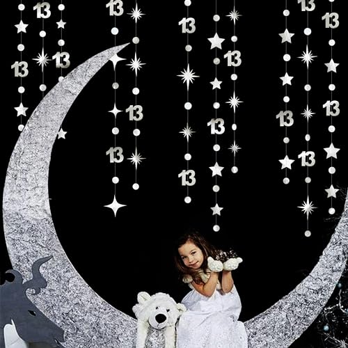 Image of Silver 13th Birthday Decorations Number 13 Circle Dot Twinkle Star Garland Metallic Hanging Streamer Bunting Banner Backdrop Girls Boys 13 Years Old Birthday Thirteen Official Teenager Party Supplies
