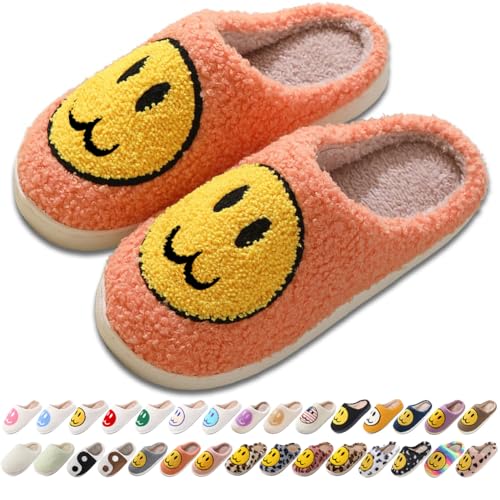 Image of Women's Men's Preppy Happy Face Slippers Comfy Warm Plush Slip-On House Slipper for Winter Indoor Soft Cushion Non-slip Fluffy Slides Slippers