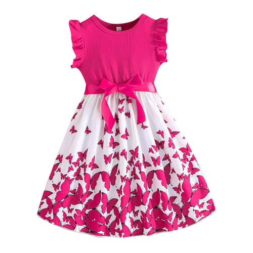 Vestido de niña con flores bowknot vestido infantil con volantes manga A línea vestido de niña verano Pascua vestido niña cuello redondo, Rosa intenso., 7-8 años