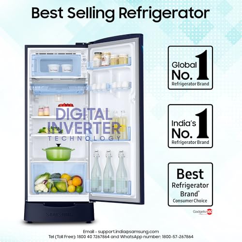 Image of Samsung 183 L, 5 Star, Digital Inverter, Direct-Cool Single Door Refrigerator (RR20D2825HV /NL, Himalaya Poppy Blue, Base Stand Drawer)