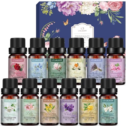 Blumige Ätherische Öle Set für Diffuser, Naturrein Aromatherapie 12 x 10 ml Duftöl GeschenkSet für Seife, Kerzenherstellung, Luftbefeuchter, SPA, Geschenke für Frauen Weihnachten Geburtstag