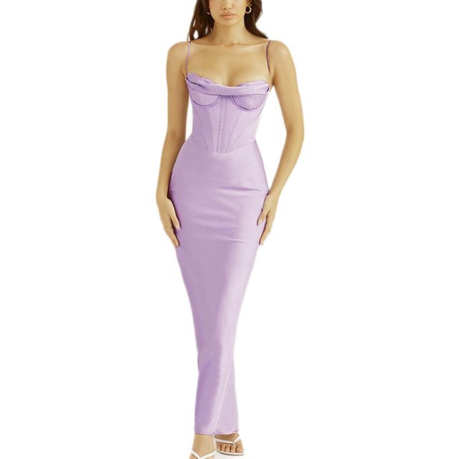 Maxi abito sexy senza schienale in raso per le donne vestido-lavanda, alla moda con cinturino senza maniche e senza maniche