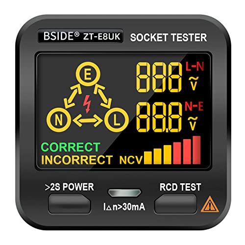 BSIDE EBTN LCD Socket Tester 3 Results Display, Integrated Voltage Detector, RCD Receptacle Outlet Tester Circuit Analyzer UK Wall Plug Leakage Tester Electricity Line Fault Checker