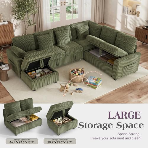 Image of Hanherry Sectional Sofa with Pull Out Couch Bed,6 Seats Corduroy Sleeper Sofa with Storage Ottoman & USB Charging,Comfy L Shaped Modular Couches for Living Room,Apartment