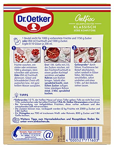 Dr. Oetker Gelfix Classic 1:1, 60 g (3 Beutel je 20 g), Gelierpulver für klassisch süße Konfitüre, traditionelles Geliermittel, Konfitüren, Marmeladen & Gelees selber machen, gleiches Verhältnis von Frucht und Zucker, vegan