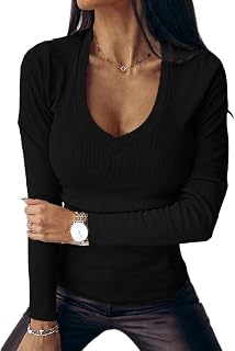 Fessceruna Womens Long Sleeve Shirts Tops Fall Deep V Neck Ribbed Casual Slim Fit Basic Sexy T-Shirt 2025