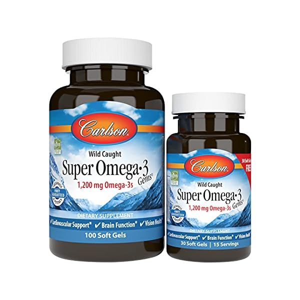Carlson - Super Omega-3 Gems, 1200 mg Omega-3 Fatty Acids with EPA and DHA, Wild-Caught Norwegian Supplement, Sustainably Sourced Fish Oil Capsules, Omega 3 Supplements, 100+30 Softgels