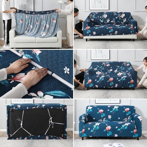 Image of Universal 3 Seater Sofa Cover with Elasticity, Protective, Stretchable, Spandex & Polyester Sofa Slipcover (3 Seater, 185cm * 230cm) (Blue Flower)