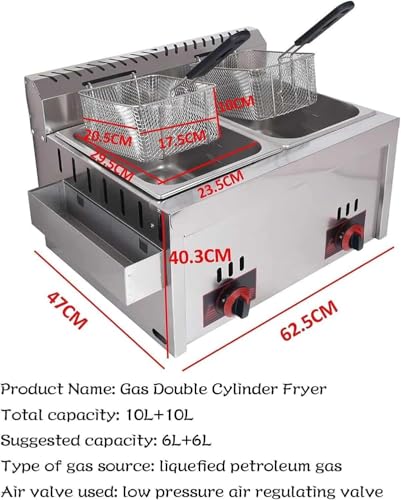 Kommerzielle Gas-Fritteuse mit 2 gebratenen Körben – 10 l x 2 große Kapazität, Edelstahl, Fritteuse für Restaurant, Café, freistehende Temperaturregelung – Bild 7