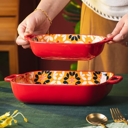 ONCCI Ceramic Baking Dish Set, 2-Piece Hand-painted Porcelain Rectangular Bakware set with Handles,Large 10.55"L*7.4"W and 7.87"L*5.4"WSmall Casserole Dish for Oven/Cooking/Kitchen(Golden Orange)