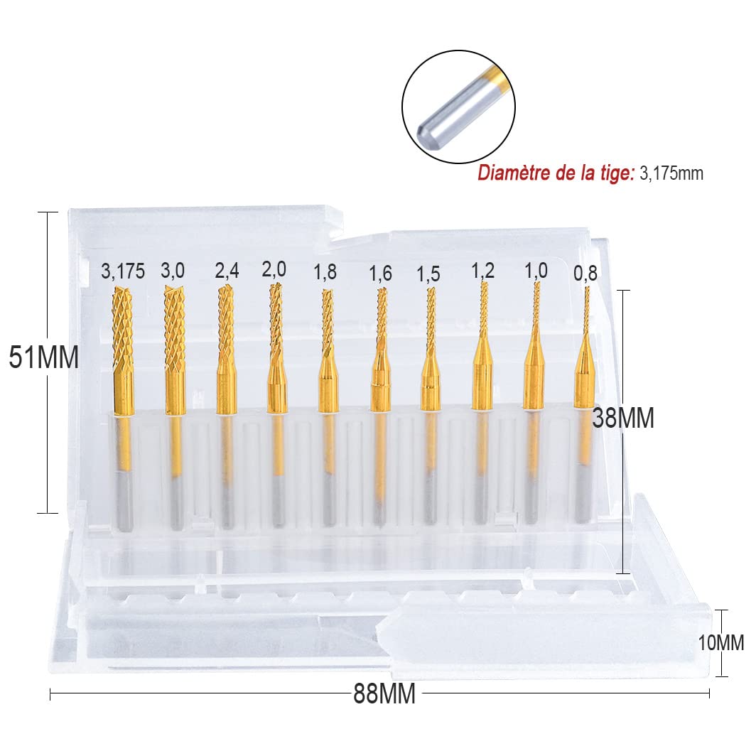 Treki 10Pcs Jeu de Tige 3MM(1/8") CNC Titane Fraise Rotatives Gravure en Bout au Carbure de Tungstène pour CNC Fraises Rotatives Bavures Tool (0.8-3.175MM Dia)
