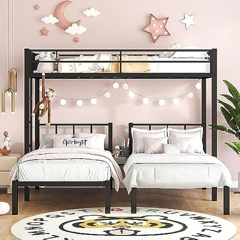 MERITLINE Triple Bunk Beds for 3, Metal Bunk Bed Twin Over Twin & Twin Size, Three Bed Bunk Beds for Kids, Teens,Can be Separated into 3 Twin Beds, Black Cover