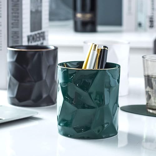 Miniatura 5 de Soporte redondo irregular de cerámica para escritorio, lindo soporte de línea dorada, organizador de escritorio para hombres y mujeres (negro)