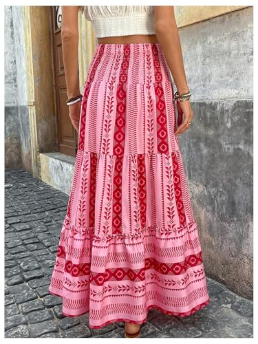 SweatyRocks Women's Summer Boho Maxi Skirts Flowy Ruffle Tiered Shirred Elastic Waist Beach Skirts3