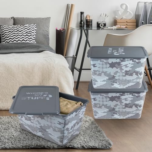 Image of SIMPLYKLEEN 4 Packs 58 QT Plastic Storage Bins with Grey Camoflauge Print Lids, Stackable Storage Container, Large Storage Box for Organizing Garage, Closet, Kitchen, Made in the USA