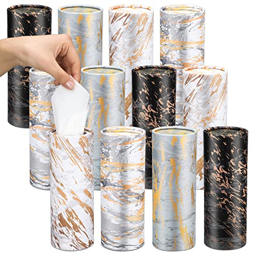 Image of Thenshop 12 Pack Car Tissue Holder 3 Ply Facial Tissue Bulk Marble Modern Tissues Cylinder Travel Round Boxes Fits Car Cup Holders Small Tissues Container for Home Bathroom Everyday Refill