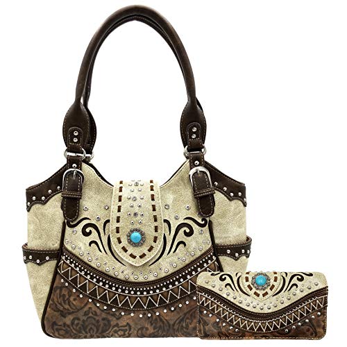 Justin West Tooled Leather Laser Cut Rhinestone Concho Studded Shoulder Concealed Carry Tote Style Handbag Purse Wallet (Beige Handbag and Wallet)