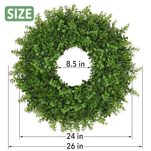 Image of 26 Inch Large Boxwoods Wreaths for Front Door Artificial Green Leaves Greenery Indoor Outdoor Wreath Home Decor Porch Window Wall Farmhouse Door Decorations Spring Summer Fall All Seasons