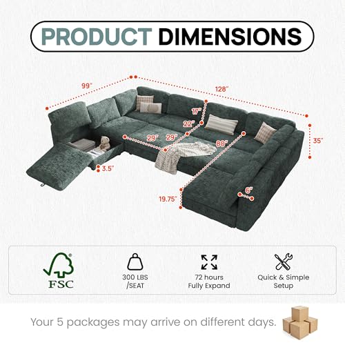 Image of 157 inch Modular Sectional Chenille Sofa bed with Hidden Storage, Comfy Modern 10 Seater Oversized Deep Seat Couch, Modular Sectional with Ottoman and Removable Cover for Living Room, Apartment, Green