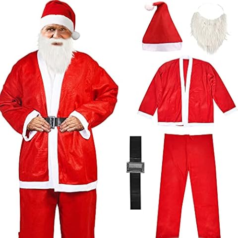 VFZILH Santa Claus Costume for Adult, Classic Santa Claus Costume for Men,5 Pcs Santa Suits for Christmas Party Cosplay Cover