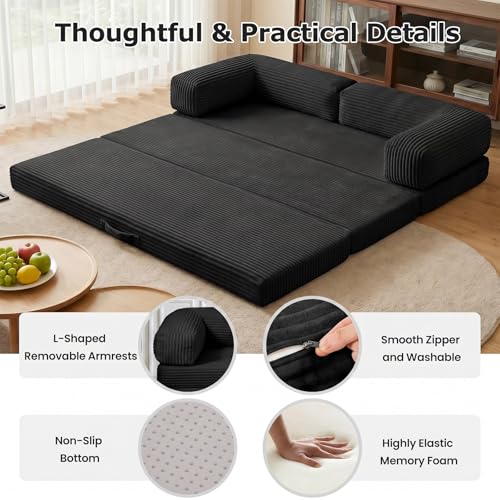 Image of Convertible Sofa Bed, Tri-Fold Foldable Mattress with Removable Arms & Washable Cover, Portable Mattress Futon Sofa Bed, No Assembly Required & Non-Slip, Queen Size, Black