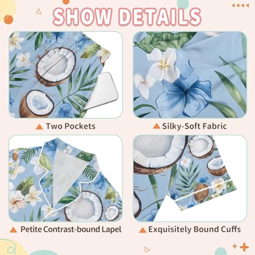 senya Coconut Fruit Tropical Flowers Satin Summer Pajama Sets Silk Short Sleeve Button Down Sleepwear3