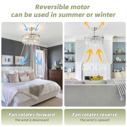 Image of Silver Fandelier Ceiling Fans with Lights, Crystal Chandelier Ceiling Fan with Light Remote Control, Mid Century with 6 Speeds for Bedroom, Living Room