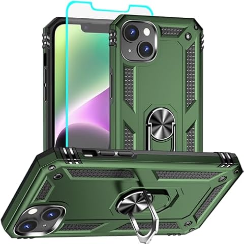 Aozuoton for iPhone 14 Case, iPhone 14 Phone Case with HD Screen Protector, [Military Grade 16ft. Drop Tested] Ring Shockproof Protective Phone Case for iPhone 14,Army Green Cover