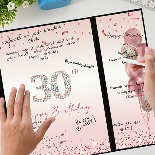 Image of DARUNAXY Rose Gold 30th Birthday Party Decorations for Women, Happy 30th Birthday Alternative Signature Guest Book Black Pink 30 Birthday Signing Card Board Party Supplies Cheers to 30 Years Old Gift