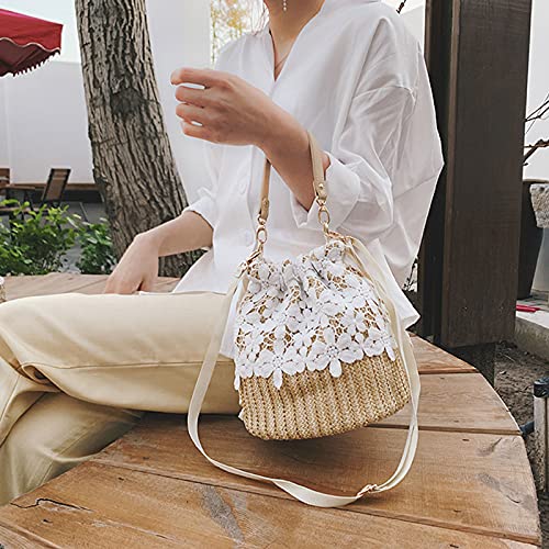 Rcheommo Women Cross Body Bohemian Straw Bag Straw Drawstring Bucket Straw Bag Flower Lace Decor Handwoven Rattan Ba4