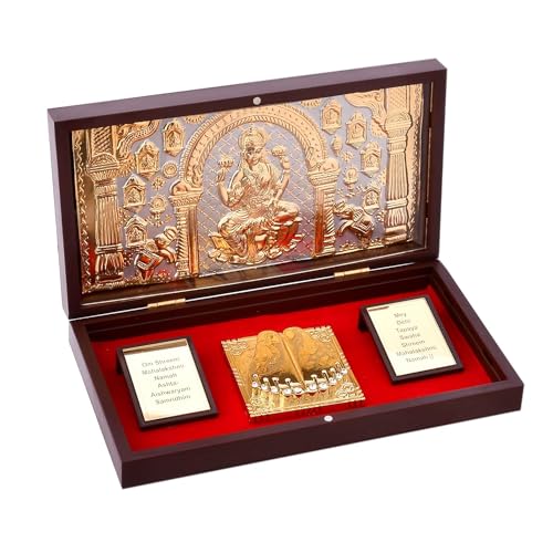 Image of l Pure Gold Coated AsthaLaxmi Lakshmi Devi for Diwali Pooja Box l Beautiful and Detailed Laxmi Photo with Paduka l Divine Lakshmi Photo with Frame Symbolizing Prosperity and Wealth