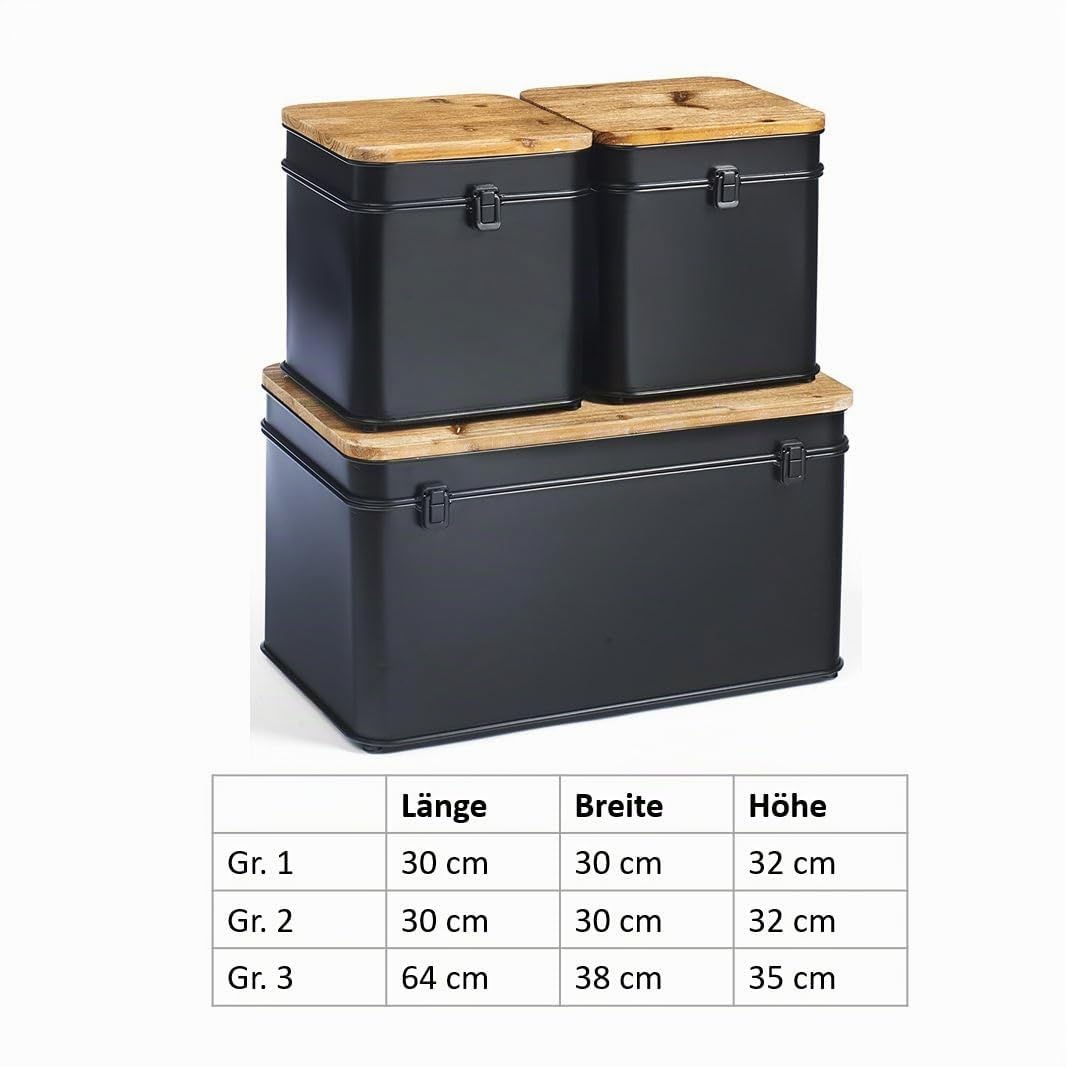 Kobolo Metalltruhe Aufbewahrung Kiste aus Metall im dreier Set - schwarz - mit Holzdeckel - B-Ware