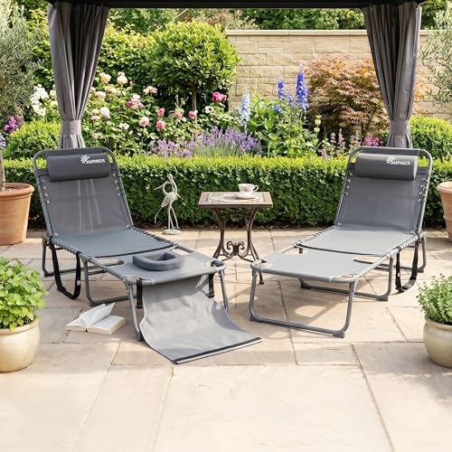 SUNMER Sun Loungers with Face Hole Tanning Sunbed - Set of 2 Deluxe Tanning Sun bed - 5 Position Adjustable Backrest Heavy Duty Folding Outdoor Day Bed for Garden & Pool