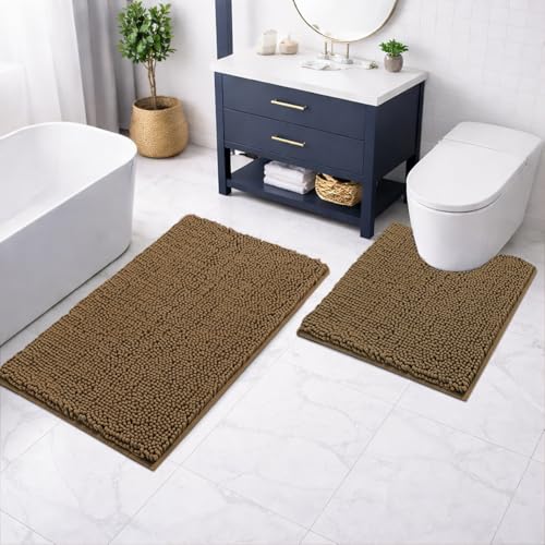 Image of LUXEHOME International Microfibre Chenille Contour Bath Mat Set for Bathroom, Anti Slip Super Absorbent Quick Dry Washable Bathroom Mats, Solid (Chocolate 45x75cm & 47x47cm) Pack of 2