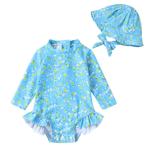 Image of Infant Baby Girl Swimsuit One-Piece Long Sleeve Rash Guard with Hat Set Floral Zipper Bathing Suit Leopard Beach Wear