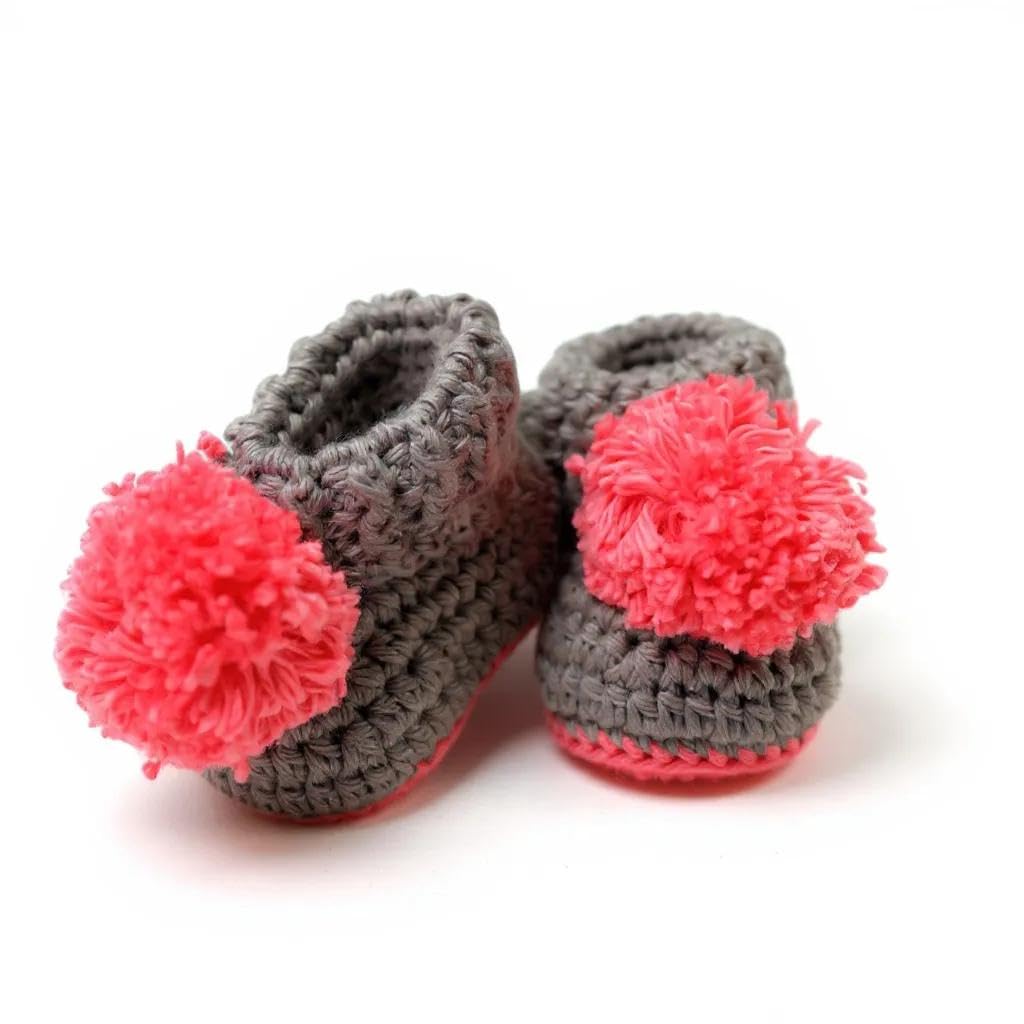 Handmade Crochet Grey Newborn Booties with Pompom | Soft Cotton Yarn Baby Shoes | Amigurumi Newborn Pompom Footwear | Handmade Baby Shoes | Crochet Crib Shoes | Baby Shower Gift-image-6