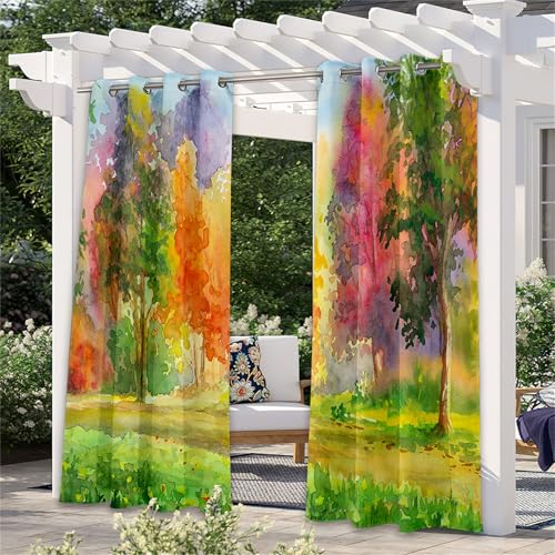Cortinas impermeables para exteriores, con patrón de bosque, aislamiento térmico, cortinas opacas, juego de 2 piezas para pérgola y patio, ojales en la parte superior (137 x 203 cm, obra de arte de