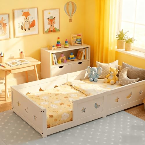 MGMYM Cama de Suelo 90x200 cm, Cama Infantil, Cama Montessori, con protección anticaídas Barrera y somier,Barandilla Ajustable, Cuna Infantil Juvenil, para niño y niña Blanco