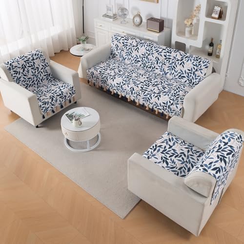 Image of HOKIPO Printed Holland Velvet Sofa Cover 5 Seater Set - Washable 3+1+1 Sofa Cover with Tassel | Full Protection for Sofa Seat and Back | 'Whispers of Nature' | Indigo Foliage (IN-1127+1125-D10*2)