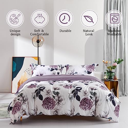 MILDLY 100% Long-Staple Cotton Duvet Cover Set Purple Hydrangea Lotus Flower Pattern Printed Comforter Cover 3pcs, Ultra Soft & Breathable Bedding Set