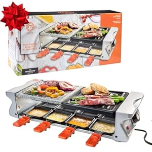 MasterChef Dual Raclette Table Grill w Non-Stick Grilling Plate & Cooking Stone- 8 Person Electric Tabletop Cooker for Korean BBQ-Melt Cheese, Cook Meat & Veggies at Once-(19″ x 8″) Holiday Gift