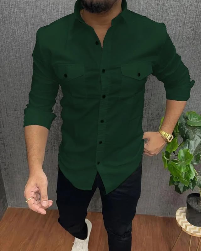Image of DEELMO Men's Classic Cotton Blend Slim Fit Shirt || Full Sleeve Button-Down Casual Shirt with Dual Flap Pockets || Soft Breathable Fabric || Ideal for Office Party and Everyday Wear