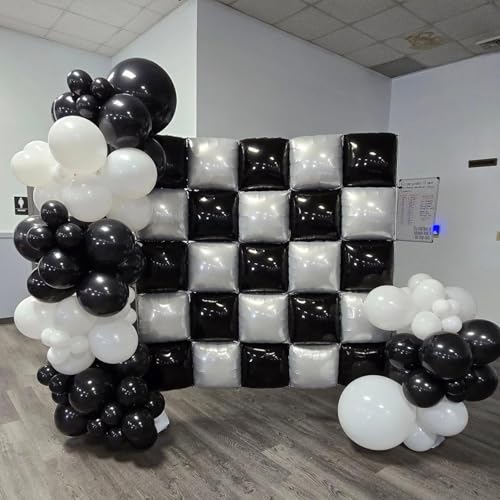 Image of Black and Pearl White Double Sided Square Foil Balloons Wall,19 Inches Chrome Foil Balloons Tunnel Arch Kit for Bachelorette,Anniversary,Wedding,Birthday Party Background Decoration
