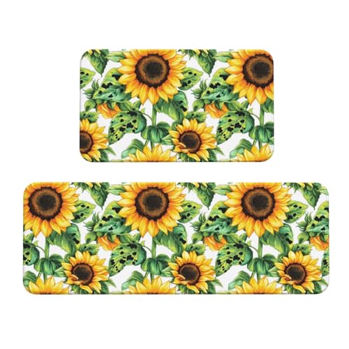 GVYGVY Antifatigue Kitchen Mats for Floor 2 Piece - Yellow Sunflower Field Print Kitchen Rugs Washable, Non Slip Runner Rug Standing Mat for Office/Bathroom/Laundry/Home Decor and Accessories