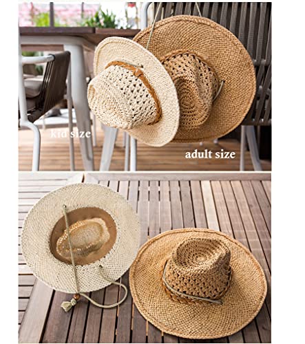 Straw Cowboy Hat Wide Brim Sun Hat Cowgirl Summer Panama Hat With Chin Strap Kid Sombrero Uv Protection Travel Family Hat Beige, Children Size #TOP1