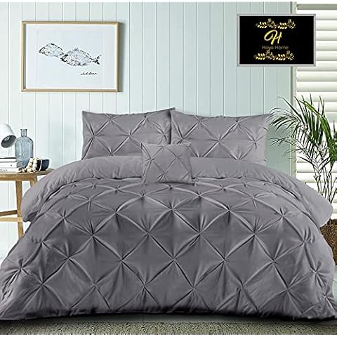 Haya Home Pinch Pleat Pintuck Duvet Covers Double Bed with Matching Pillowcases & Complimentary Cushion Cover, Set of 4 Cotton Rich (Poly Cotton) Bedding Soft Washable & Easy Care (Grey, Double) Cover